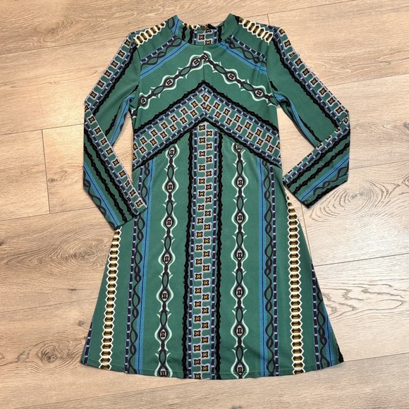 Free People Dresses & Skirts - Free People Dress XS Green Stella Printed‎ Mock Neck Long Sleeve Boho Mini